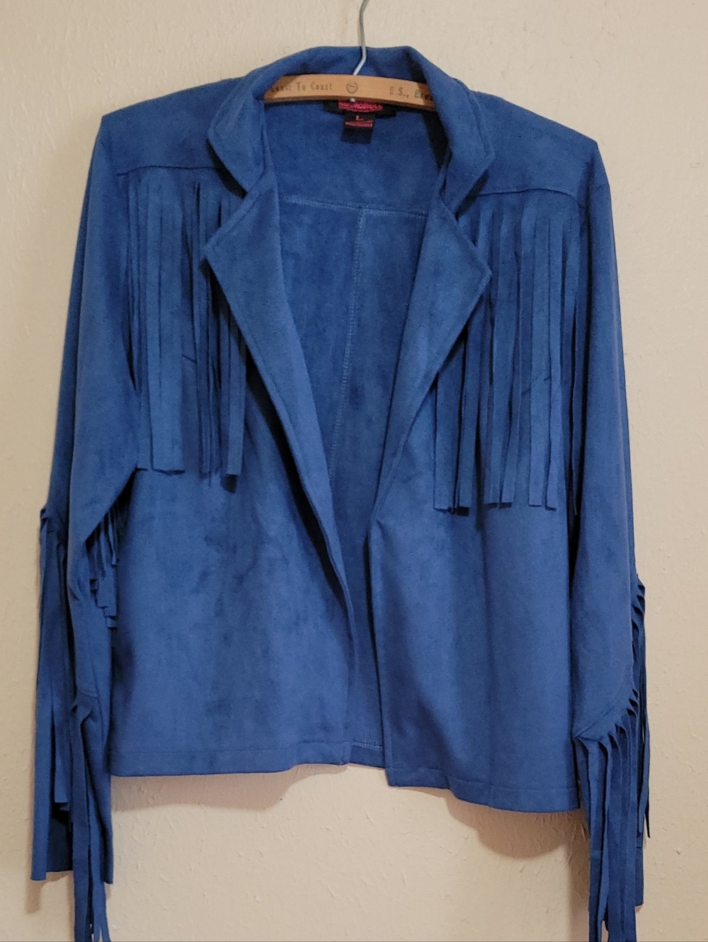 Blue Fringe Suede-Look Open-Front Jacket L
